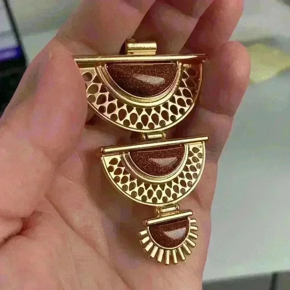 Half Crescent Pendant in Faux Gold with Faux Taupe Glitter Stones Vintage - Picture 5 of 6